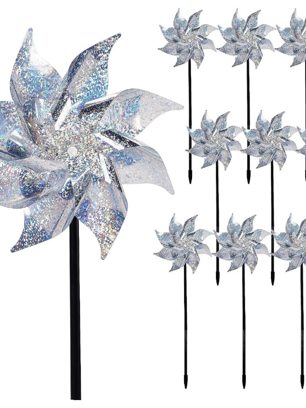 10 Pack Reflective Pinwheels with Stakes Assembly Required, Extra Sparkly Pin Wh